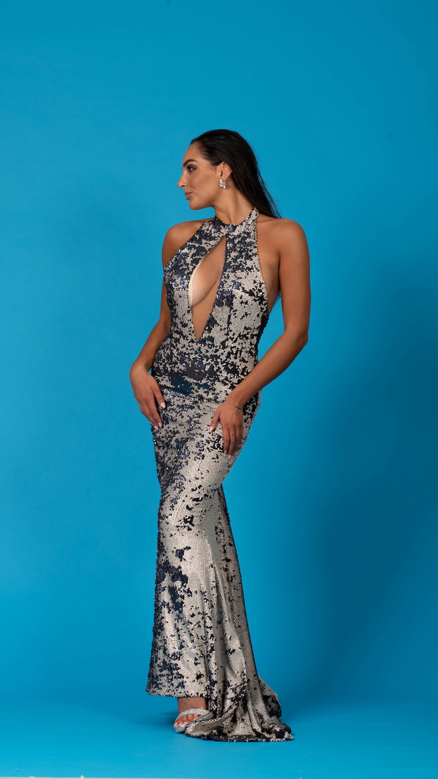 Abito lungo a sirena in paillettes bianche e blu notte