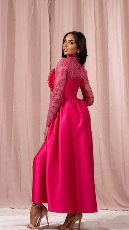 Abito fucsia in mikado e tulle ricamato