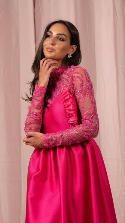 Abito fucsia in mikado e tulle ricamato