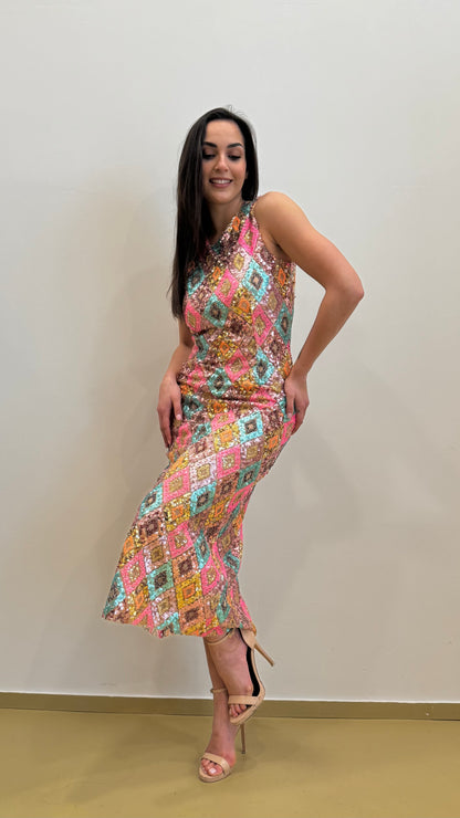 Abito in paillettes multicolor a rombi