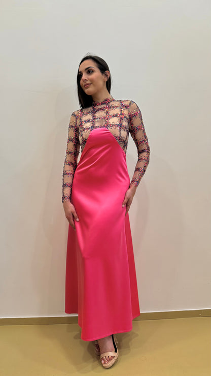 Abito in raso e tulle paillettes