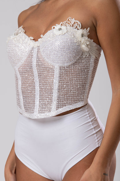 Corsetto in tulle glitter puntinato bianco e ricamo floreale